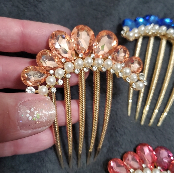NEW 3x Lot 3-Piece Heavy Jeweled Hair Combs Prom Fancy Formal Navy, Peach, Lilac - Picture 4 of 5
